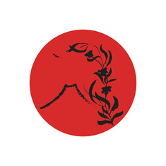 illustration of a red sun with shape abstract mountain and flower. japanese painting style.
