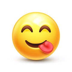 Yummy emoji. Smiling emoticon licking lips, savouring food 3D stylized vector icon
