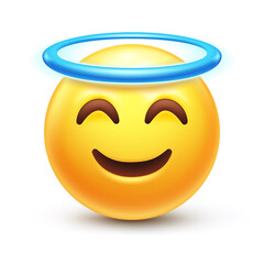 Angel emoji. Holy emoticon with nimbus, happy yellow face with halo overhead 3D stylized vector icon