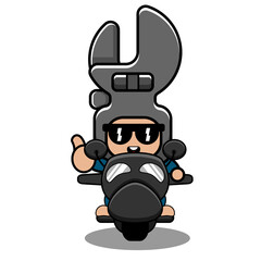 vector cartoon character doodle spanner mechanical tool funny mascot costume riding a motorcycle