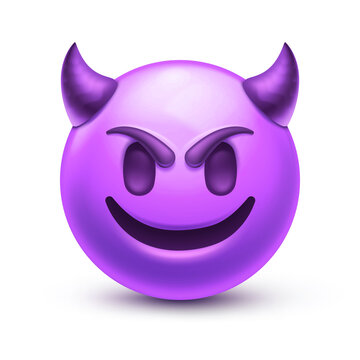 Evil devil emoji. Happy purple emoticon with devil horns, gloating demon 3D stylized vector icon