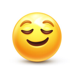 Calm emoji. Relieved emoticon, peaceful face with closed eyes and happy smile 3D stylized vector icon