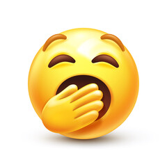Fototapeta premium Yawning emoji. Bored or sleepy emoticon, yellow boredom face with mouth covered by hand 3D stylized vector icon