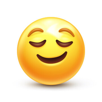 Calm Emoji. Relieved Emoticon, Peaceful Face With Closed Eyes And Happy Smile 3D Stylized Vector Icon