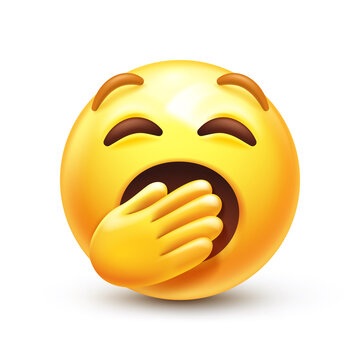 Yawning emoji. Bored or sleepy emoticon, yellow boredom face with mouth covered by hand 3D stylized vector icon