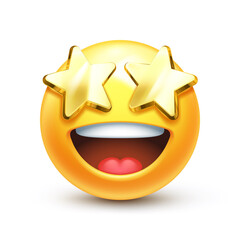 Starry eyed emoji. Golden stars for eyes excited emoticon with open smile 3D stylized vector icon - obrazy, fototapety, plakaty