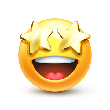 Starry Eyed Emoji. Golden Stars For Eyes Excited Emoticon With Open Smile 3D Stylized Vector Icon