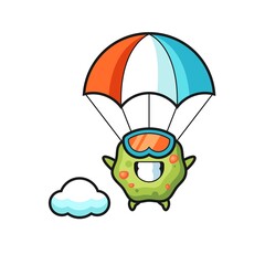 puke mascot cartoon is skydiving with happy gesture