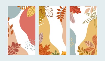 Fototapeta na wymiar Autumn brown card, cover, banner set. Fall leaves template design
