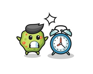Cartoon Illustration of puke is surprised with a giant alarm clock