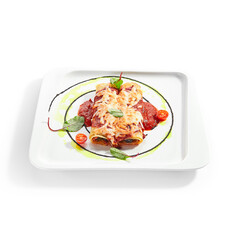 Vegetable cannelloni with dorblu cheese and tomato sauce