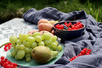 Still life with fruits and berries. Organic berries and fruits on a table. Garden harvest close up photo. Pears, peaches, red currant, blueberry, grapes top view photo. Healthy eating concept. 