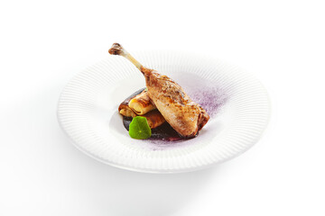 Duck leg with pancakes and berry sauce