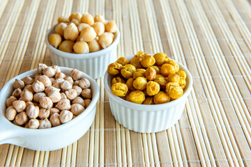 Chickpeas, healthy food Raw, cooked and fried chickpeas.