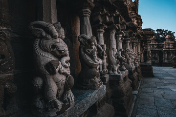 Beautiful Pallava architecture and exclusive sculptures at The Kanchipuram Kailasanathar temple, Oldest Hindu temple in Kanchipuram, Tamil Nadu - One of the best archeological sites in South India