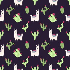 Lama alpaca seamless pattern with cactus. Vector illustration of nursery characters in cartoon hand drawn doodle childish style for baby apparel, textile and product design, wallpaper, wrapping paper