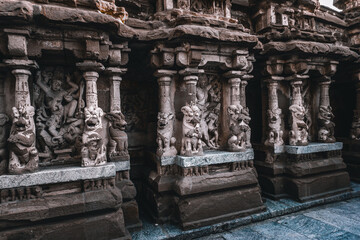 Beautiful Pallava architecture and exclusive sculptures at The Kanchipuram Kailasanathar temple, Oldest Hindu temple in Kanchipuram, Tamil Nadu - One of the best archeological sites in South India