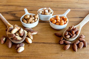 Healthy snack, beans, pistachios, Brazil nuts, chickpeas, peanuts and almonds.