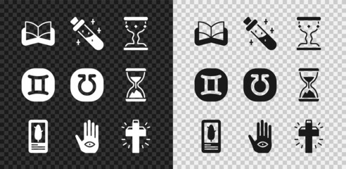 Set Ancient magic book, Bottle with potion, Medieval goblet, Tarot cards, Hamsa hand, Christian cross, Gemini zodiac and Life icon. Vector
