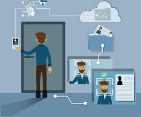 Flat of facial recognition system,A man standing in front of the door for facial recognizing by security camera - Vector