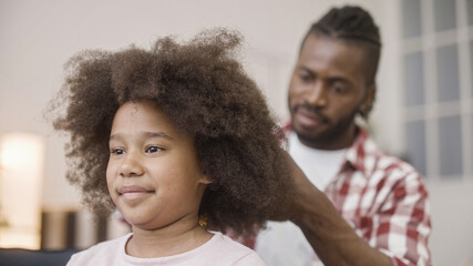 Loving dad combing natural black hair of little smiling daughter, caring parent - obrazy, fototapety, plakaty