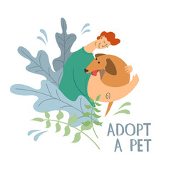 Guy hugs the dog. Adopt a pet concept