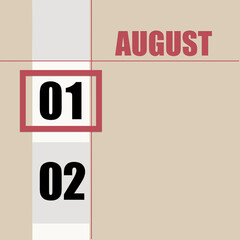Fototapeta premium august 1. 1th day of month, calendar date.Beige background with white stripe and red square, with changing dates. Concept of day of year, time planner, summer month