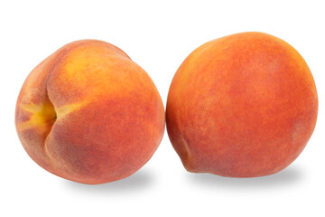 Two ripe red and yellow peaches isolated on a white background.Bright, fresh fruits on a white background.Use for labels, posters and web design.