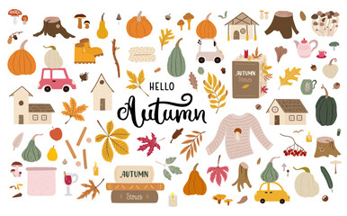 Autumn doodle illustrations - leaves, pumpkins, acorns, mushrooms, sweater, books, stumps. Fall season elements perfect for scrapbook, card, poster, invitation, sticker, etc. Vector illustration.