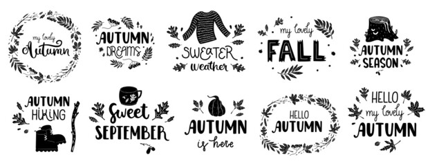 Fototapeta premium Set of black hand-drawn text and illustrations. Perfect for decorations, plotter cutting, sticker, etc.