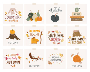 Bid set of autumn cards with pumpkins, tree stumps, lettering, books, leaves. Doodle style. Pretty, trendy and colorful decorations.