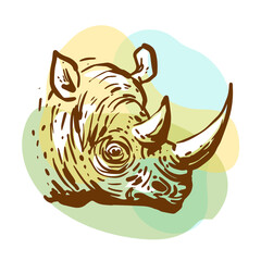 Rhino sketch portrait. Hand drawn color illustration. Vintage poster.