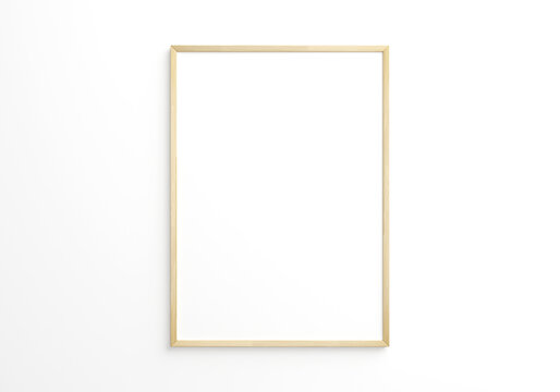 vertical thin wooden frame on white wall. 3d rendering.
