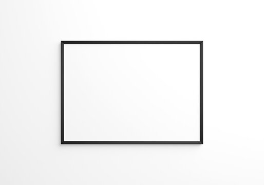 black horizontal frame mockup on white wall. 3d rendering.