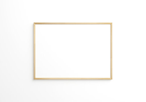 horizontal thin wooden frame on white wall. 3d rendering.
