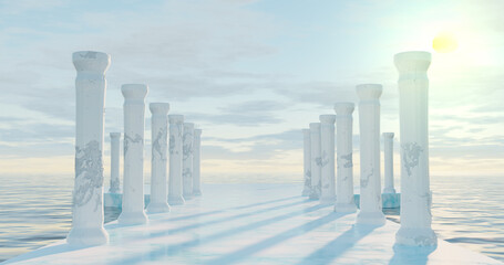 3d rendering. Round and avenue of marble stone and old dilapidated columns, illuminated by sunlight at sunset, is located on the water surface of the ocean with clouds.