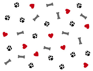 Seamless background with hearts, bone and dog paw mark. Black, red, grey and white vector illustration. Pattern for fabric, pajamas.