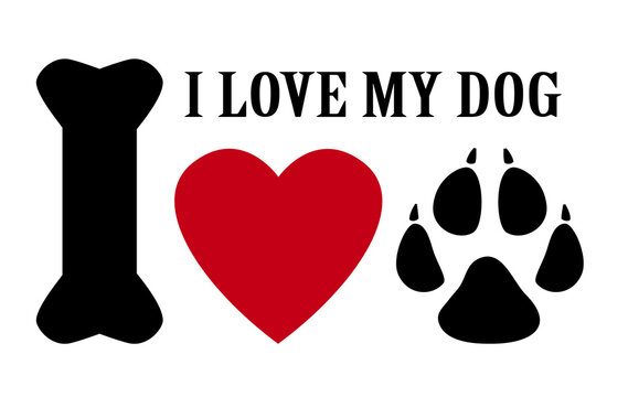 Dog Track - Animal Footprint, Black And White Vector Illustration. I Love My Dog. A Rebus Concept For Dog Lovers. Sticker, Banner, Logo.