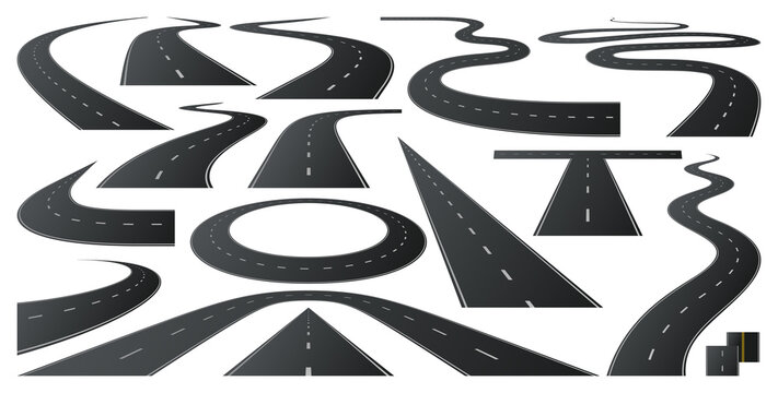 Race road to horizon. Asphalt roads, highway turn and curve long way. Vector includes white stripes and two yellow lines road markings