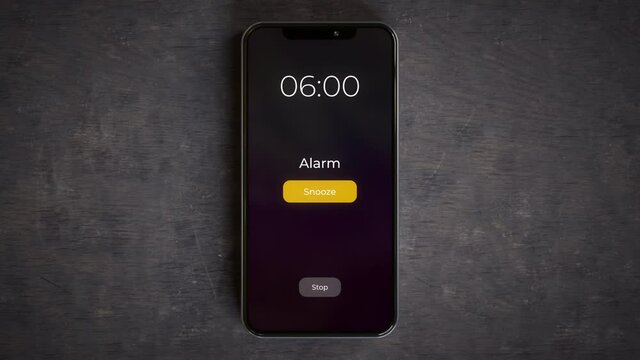 Smartphone on a desk showing alarm ringing 6:00 a.m. 4k