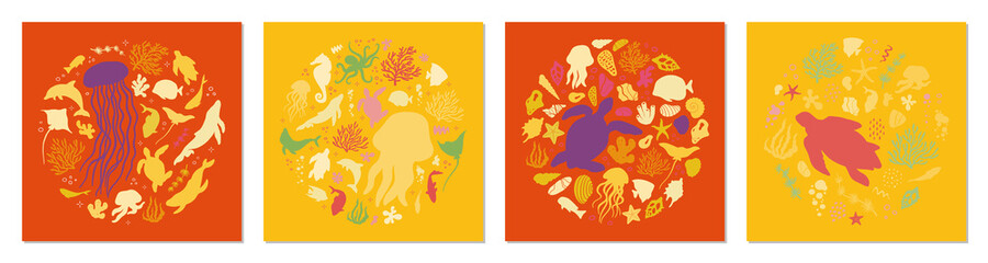 Set of posters with marine life. Abstract illustration of summer time concept. Underwater set of silhouettes. .Flat vector illustration. Card templates