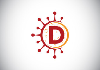 Initial D monogram alphabet with Coronavirus cells. Lab logo sign symbol design vector Illustration. Font emblem. Corona virus (Covid-19). Stop Coronavirus