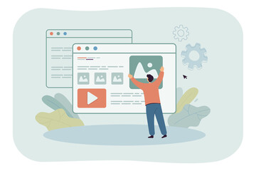 Male cartoon content creator publishing new post online. Man adding information to personal blog flat vector illustration. Digital content, social media concept website design or landing web page