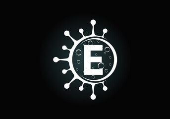 Initial E monogram alphabet with Coronavirus cells. Lab logo sign symbol design vector Illustration. Font emblem. Corona virus (Covid-19). Stop Coronavirus