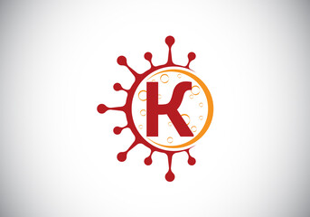 Initial K monogram alphabet with Coronavirus cells. Lab logo sign symbol design vector Illustration. Font emblem. Corona virus (Covid-19). Stop Coronavirus