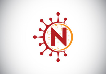 Initial N monogram alphabet with Coronavirus cells. Lab logo sign symbol design vector Illustration. Font emblem. Corona virus (Covid-19). Stop Coronavirus