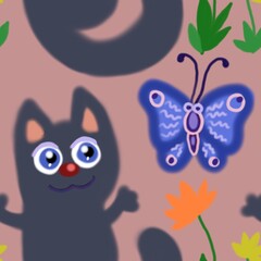 cat and butterfly seamless pattern fabric design print wrapping paper digital illustration texture wallpaper watercolor paint