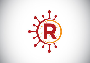 Initial R monogram alphabet with Coronavirus cells. Lab logo sign symbol design vector Illustration. Font emblem. Corona virus (Covid-19). Stop Coronavirus