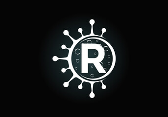 Initial R monogram alphabet with Coronavirus cells. Lab logo sign symbol design vector Illustration. Font emblem. Corona virus (Covid-19). Stop Coronavirus