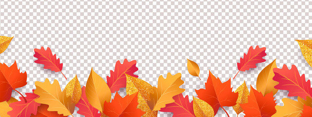 Autumn seasonal background with long horizontal border made of falling autumn golden, red and orange colored leaves isolated on background. Hello autumn vector illustration - obrazy, fototapety, plakaty